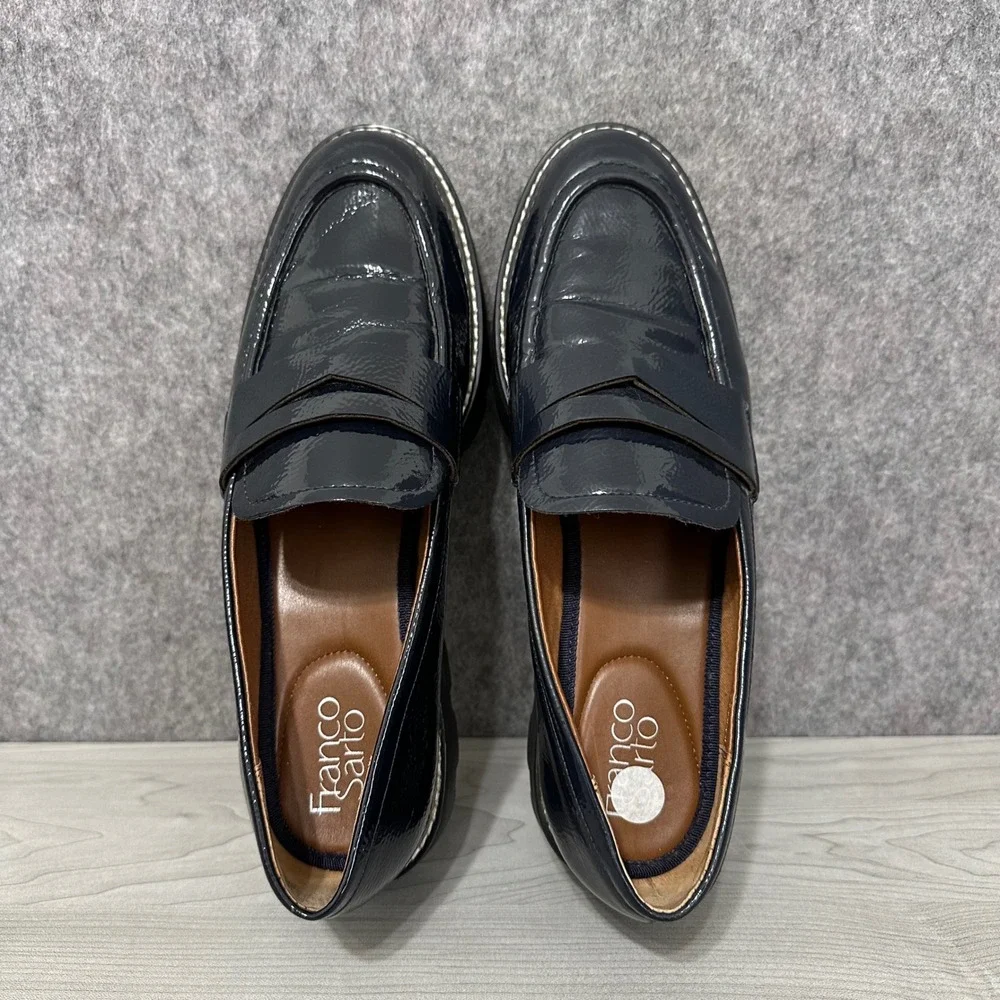 Franco Sarto Balin Lug Sole Loafers Womens 10 Navy Patent Chunky Platform‎